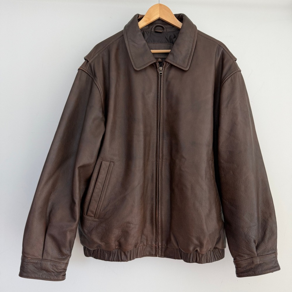 Vintage St Johns Bay Leather Jacket Mens XL Brown Bomber Distressed Aviator 90s